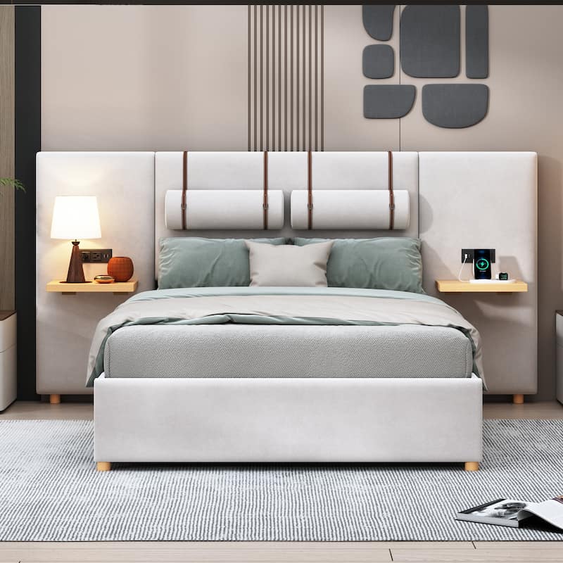 Upholstered Platform Bed with Pillows and USB Ports