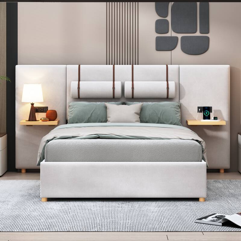 Upholstered Platform Bed with Two Outlets and USB Charging Ports