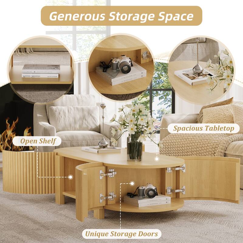 47" Oval Fluted Coffee Table with 2 Doors, Open Shelf & Wood Finish