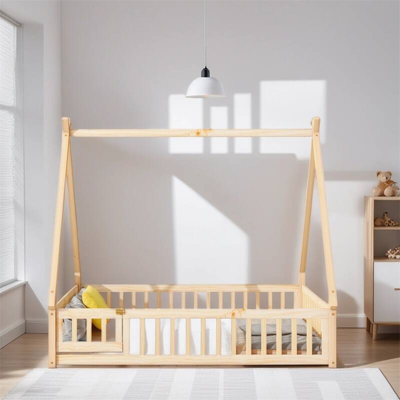 Full Tent-shaped Floor Bed,with Guardrails,Slats,Door - Natural