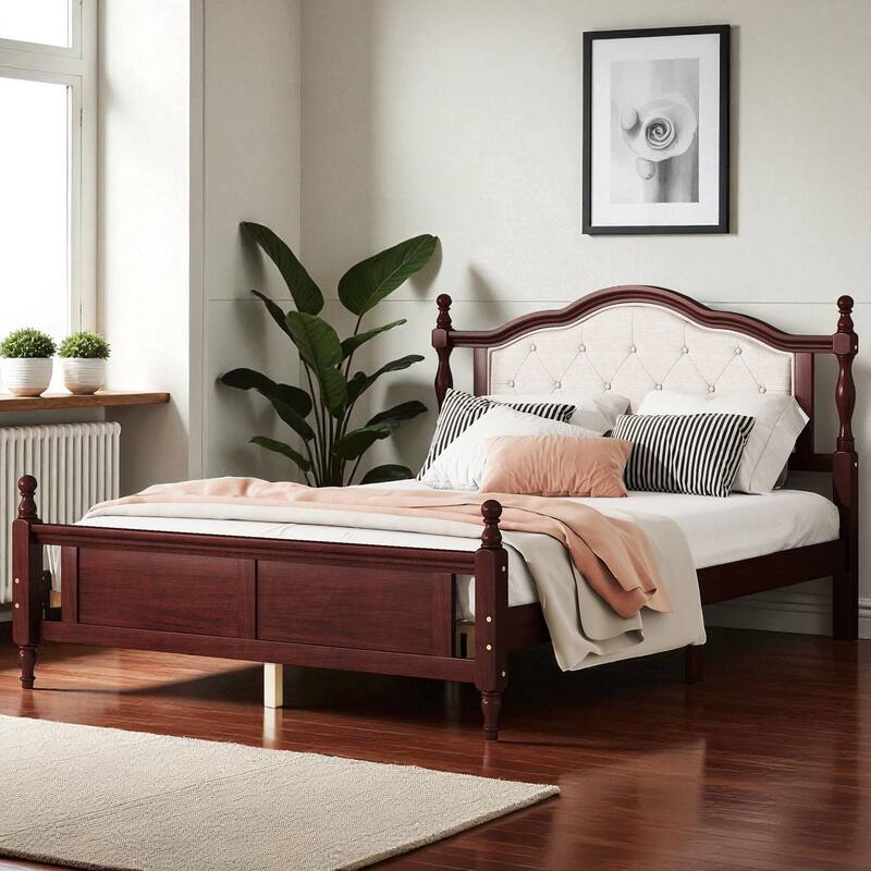 Queen Size Pine Wood Bed with Upholstered Headboard and Panel Footboard, Solid Frame with Central Support and Under-Bed Storage