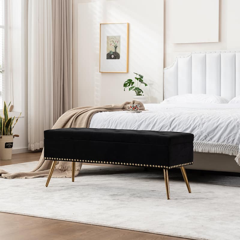Velvet Storage Ottoman Bench with gold legs and Nailhead Trim for Bedroom/End of Bed/Entryway/Window