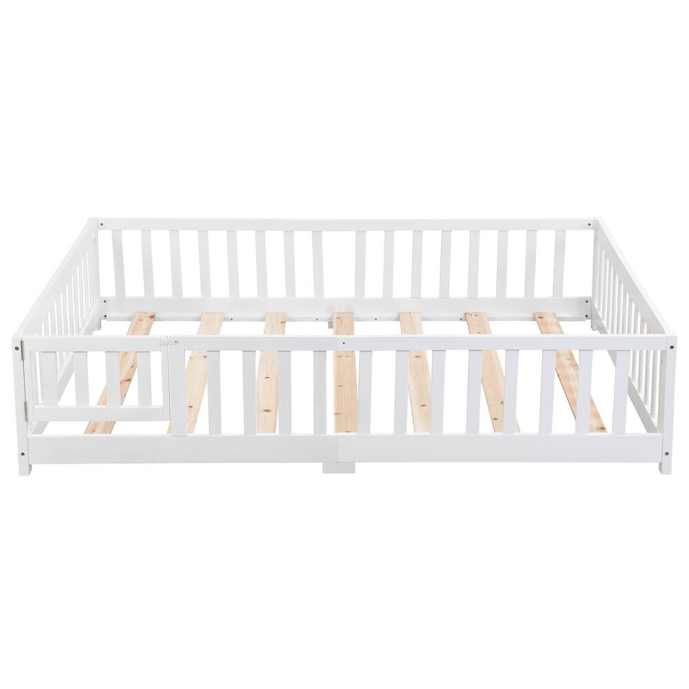 Wooden Full Size Toddler's Floor Bed with Door and Fence, Solid Pine Low Floor Bed Frame, Wood Slat Support