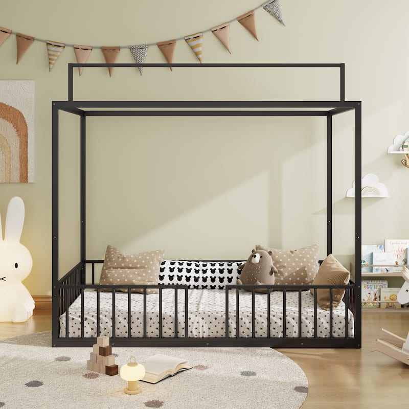 3-in-1 Convertible Montessori Metal floor bed,Fenced toddler bed with Sturdy Metal Slats Support