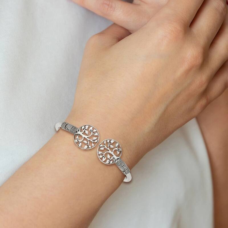 Curata 925 Sterling Silver Antiqued Tree of Life Adjustable Bangle Bracelet