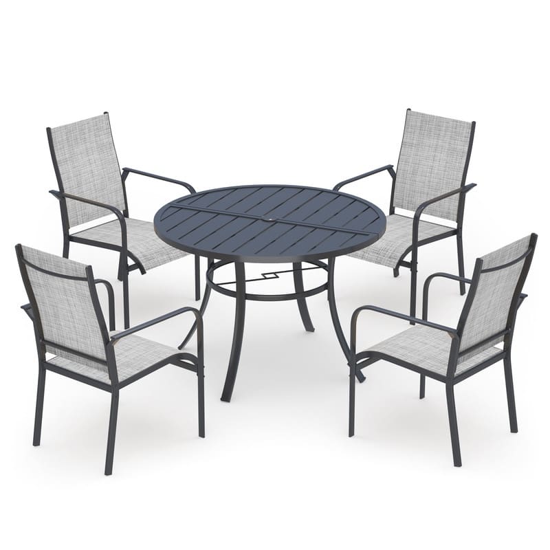 Patio Dining Set, Outdoor Dining Table and Chairs Set with Textilene Chairs, Adjustable Umbrella Hole for Garden, Backyard