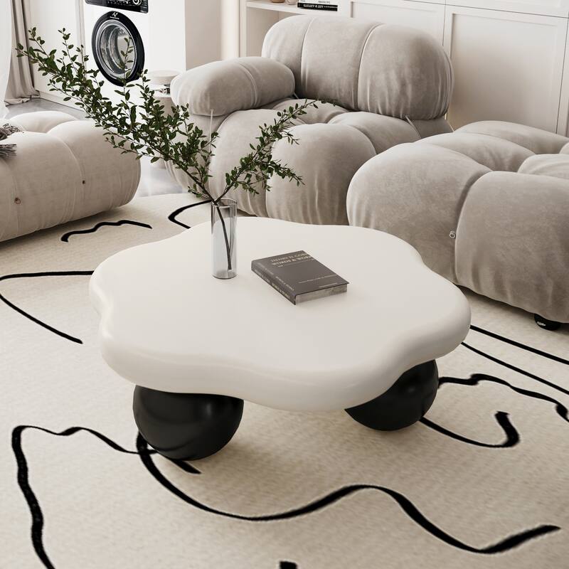 35" Cloud Shaped Modern Minimalist Coffee Table with Spherical Legs - White Top+Black Legs
