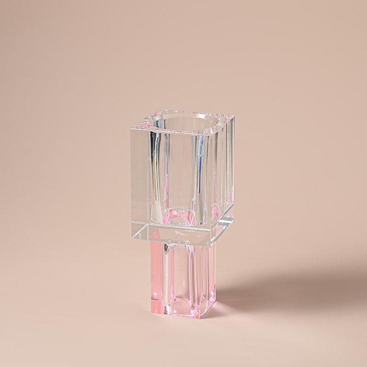 Square Vase Crystal Colored Base - Medium - Clear/Pink