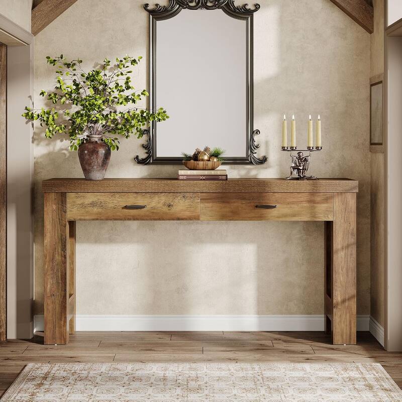 63 Inches Brown Wooden Entryway Table with 2 Drawers, Farmhouse Console Table for Hallway