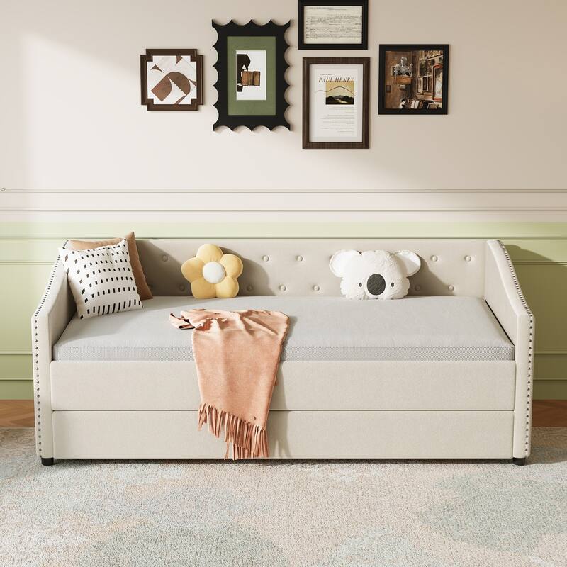 Linen Tufted Daybed with Trundle, Upholstered Platform Sofa Bed Frame, Wooden Slat Support - Beige - Twin