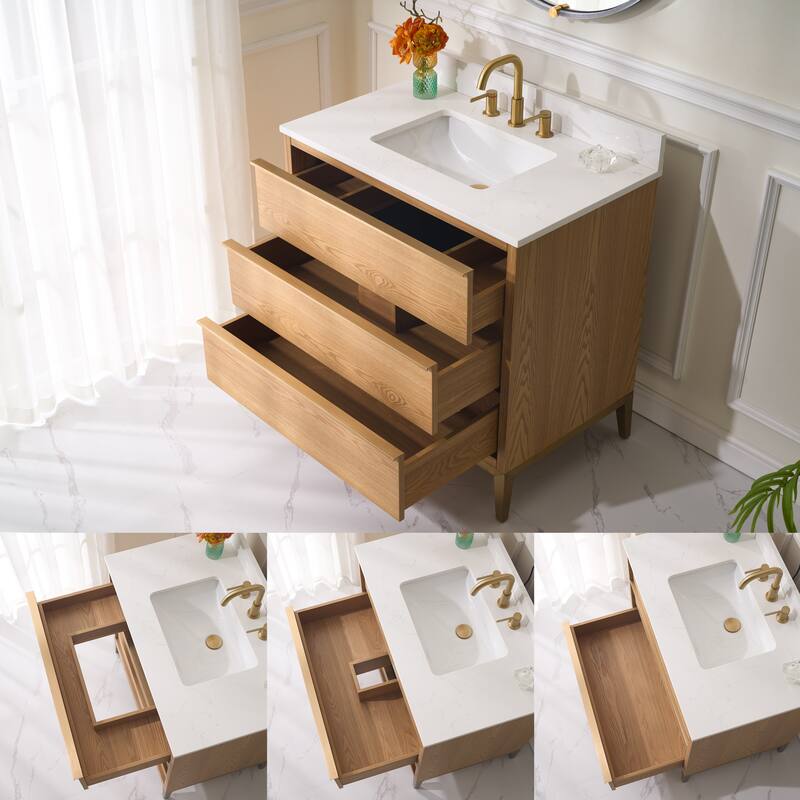 36"/48"/60" W Width Solid Wood Bathroom Vanity with Stain-resistant Carrera White Quartz Top and Sink