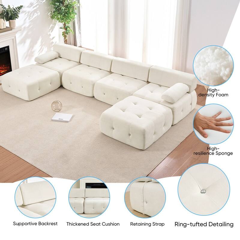 Mixoy Modular 134inch Modular Sectional Sofa with 2 Ottoman,Velvet U-Shaped Couch for Living Room - 133.9"w x 66.9"D x 24.8"H