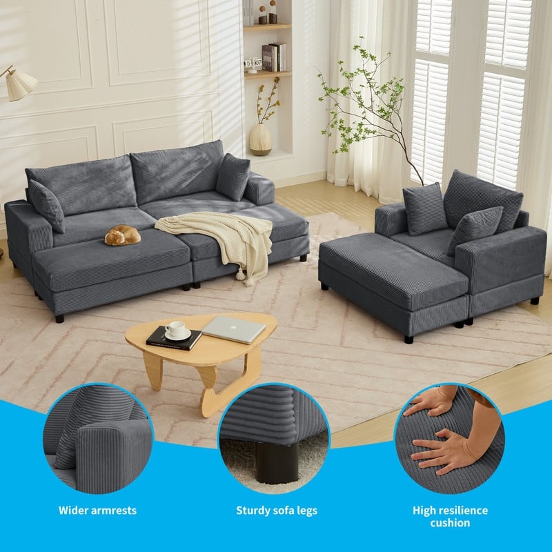 Mixoy Extra-Large Corduroy Upholstered Modular Sectional Sofa Set,Deep Seat Sleeper Chair with Ottoman - 2+1