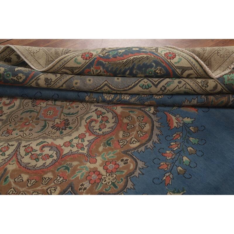 Blue Tabriz Persian Vintage Rug Handmade Wool Carpet - 9'7" x 13'0"