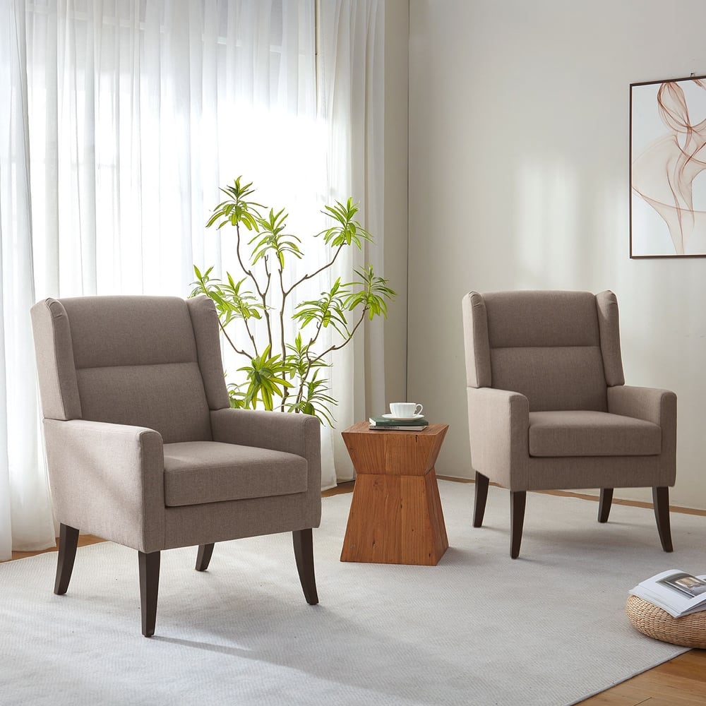 Set of 2 Modern Upholstered Accent Chairs with High Back and Wooden Legs – Grey/Beige/Brown