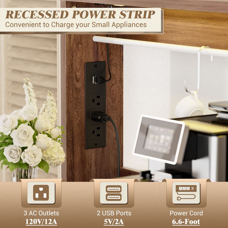 Farmhouse Wine Bar Cabinet with Barn Door & Charging Station,Sturdy Buffet Coffee Bar Cabinet with LED Lights & Hutch