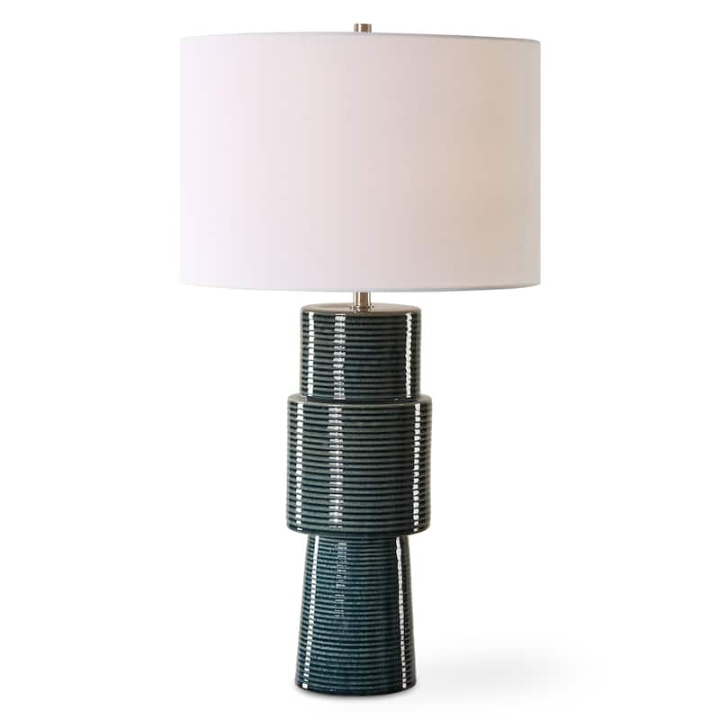 Strick & Bolton Teal Ceramic Table Lamp with Ribbed Texture and Linen Shade - 15 x in x 15 x in 28