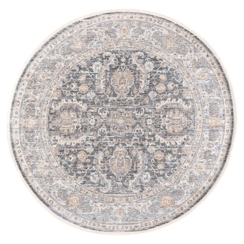 SAFAVIEH Kendal Aritina Traditional Rug - 6'7" Round - Dark Grey/Ivory Beige