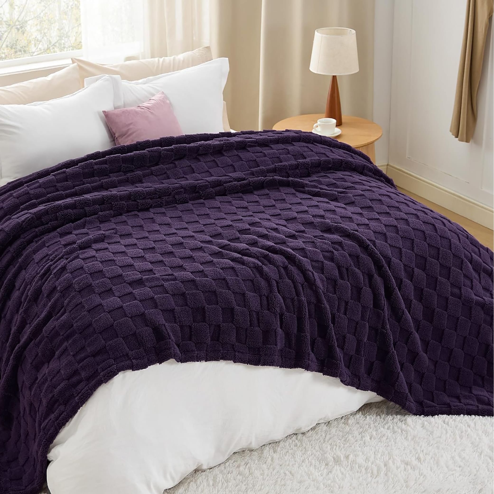 Purple Textured Checkered Soft Plush Cozy Warm Fleece Bed Blanket