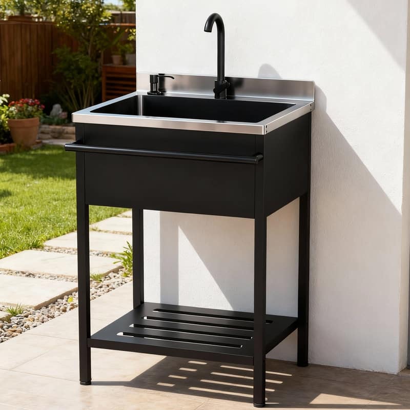 25.7 In. Freestanding Stainless Steel Utility Sink With Towel Rack And Storage Shelf