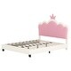 preview thumbnail 33 of 34, Cute Girl Princess Bed with Crown Headboard, PU Upholstered Platform Bed, Wood Panel Bed Low Profile Bed