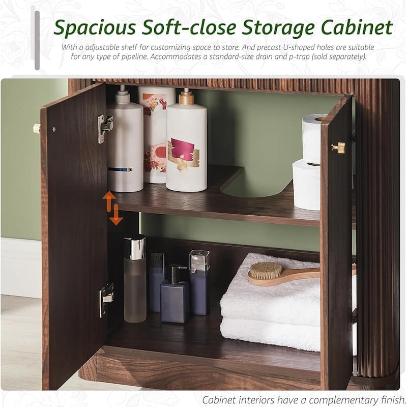 Fluted Bathroom Vanity with Sink, Storage Cabinet & Adjustable Shelf