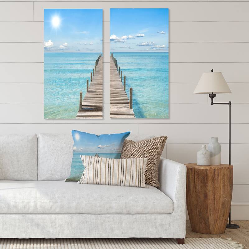 Designart "Pier Infinite to the Sea" Seascape Canvas Wall Art Print 2 Piece Set - 20" W x 40" H x 1" D x 2 Pieces
