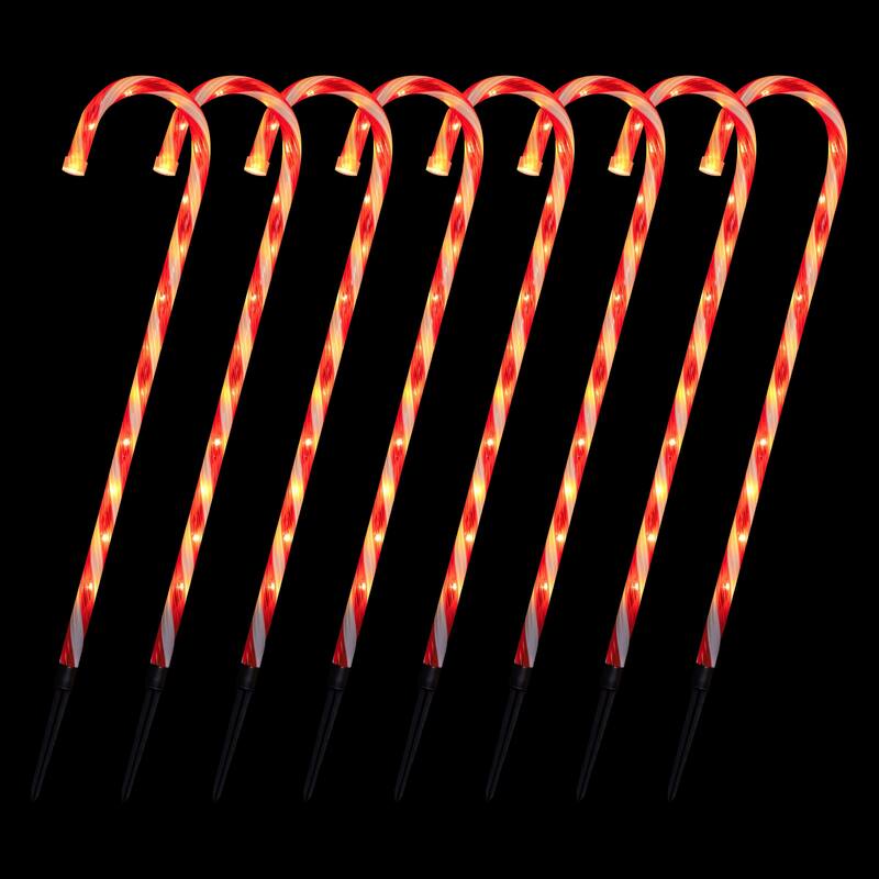 LED Lighted 8-Speed Candy Cane Christmas Pathway Markers - White - 18.25' Clear Wire - 8ct - Red