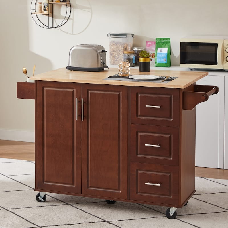 Kitchen Island with Drop Leaf Countertop,Rolling Kitchen Island Cart,Barn Door Kitchen Island Table with Storage Cabinet - Brown