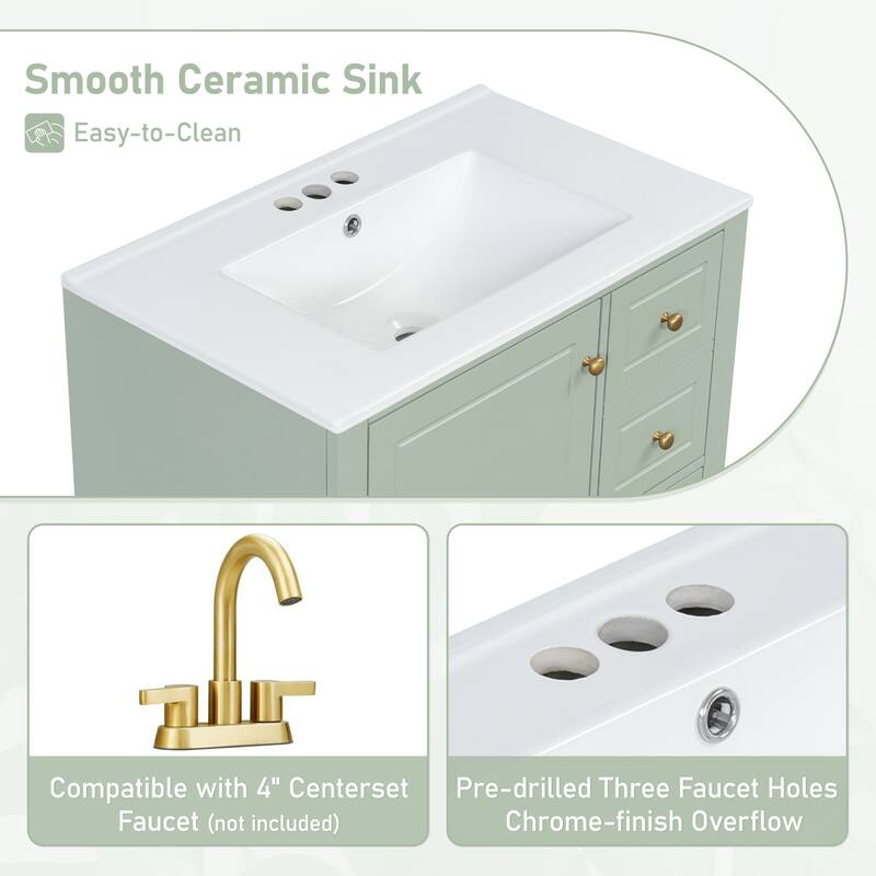 30" Freestanding Bathroom Vanity with Sink, One Door Cabinet and 3 Drawers, Solid Wood Frame & MDF Board