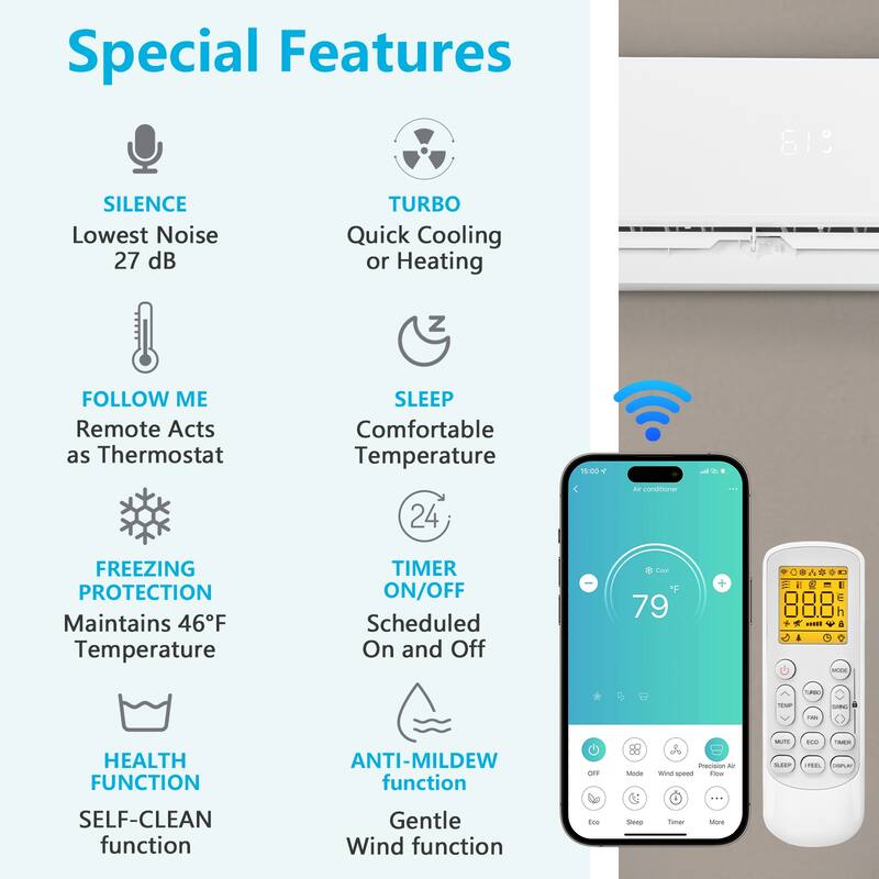 12000BTU 230V WiFi Connected Ductless Mini Split Air Conditioner Bed