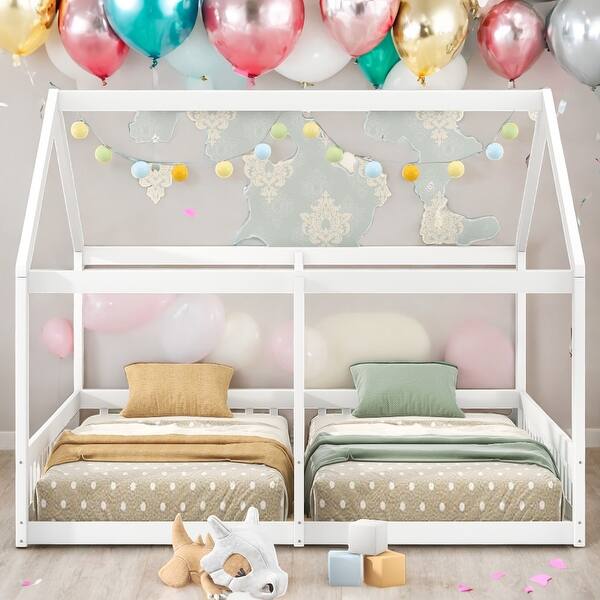 slide 2 of 8, Twin Size House Shaped Platform Beds,2 In 1 Beds,Two Shared Beds White