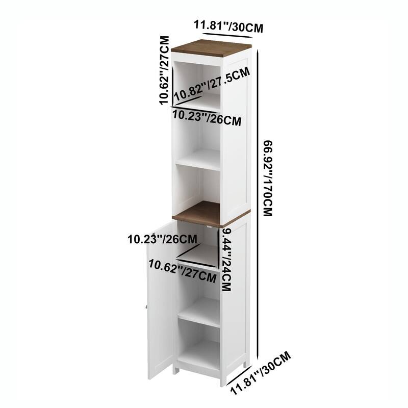 Tall Bathroom Storage Cabinet with Reversible Door, Freestanding Narrow Linen Tower with Open Shelves and Enclosed Cabinet