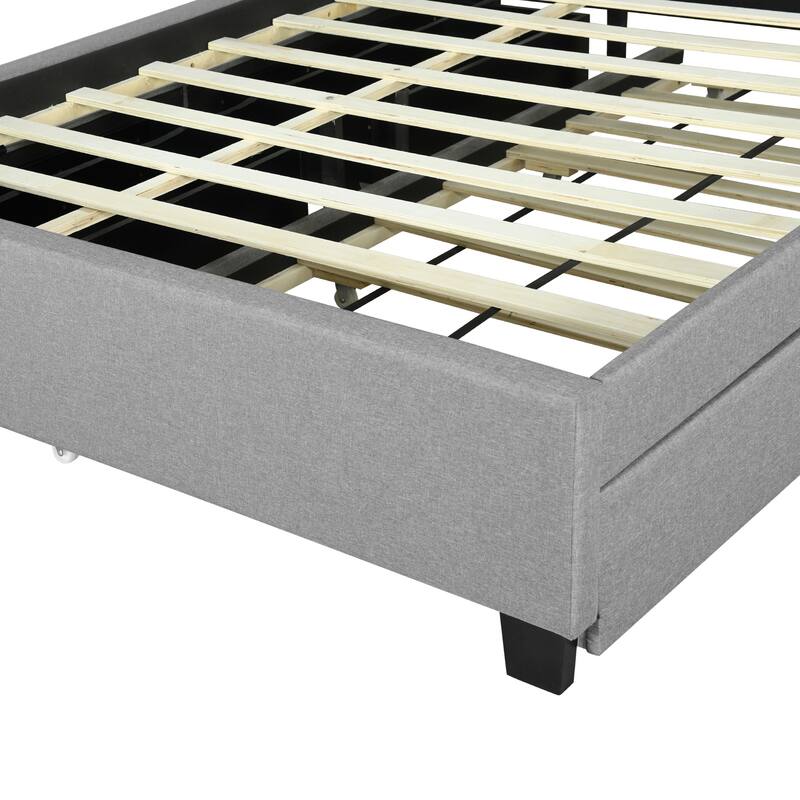Queen Size Upholstered Platform Bed with Storage, USB Ports, Twin XL Trundle, and Drawers, Gray Linen Fabric