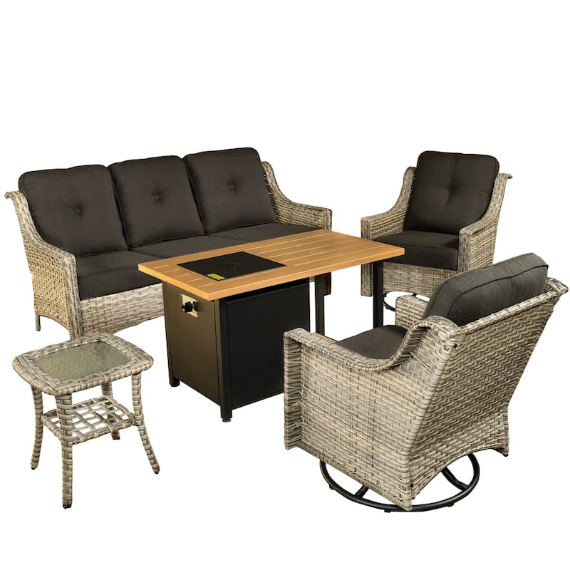 OVIOS 5 Pieces Outdoor Wicker Curved Swivel Chair Set With Fire Table