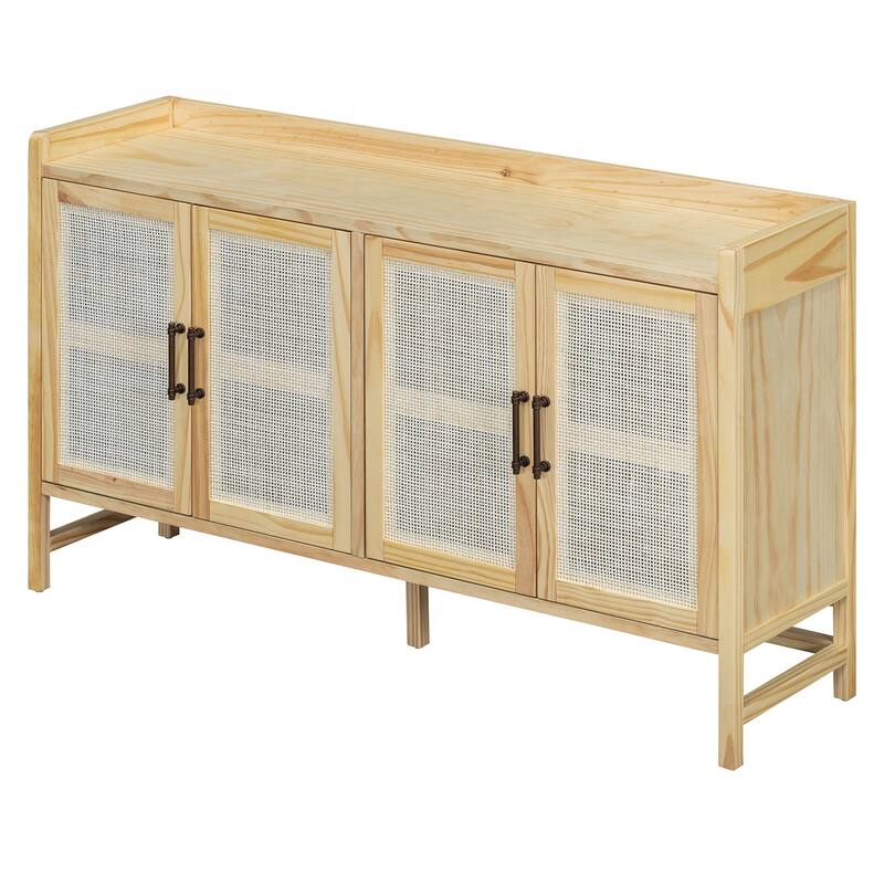4 Doors Rattan Accent Storage Cabinet Buffet Cabinet, Solid Pine Legs