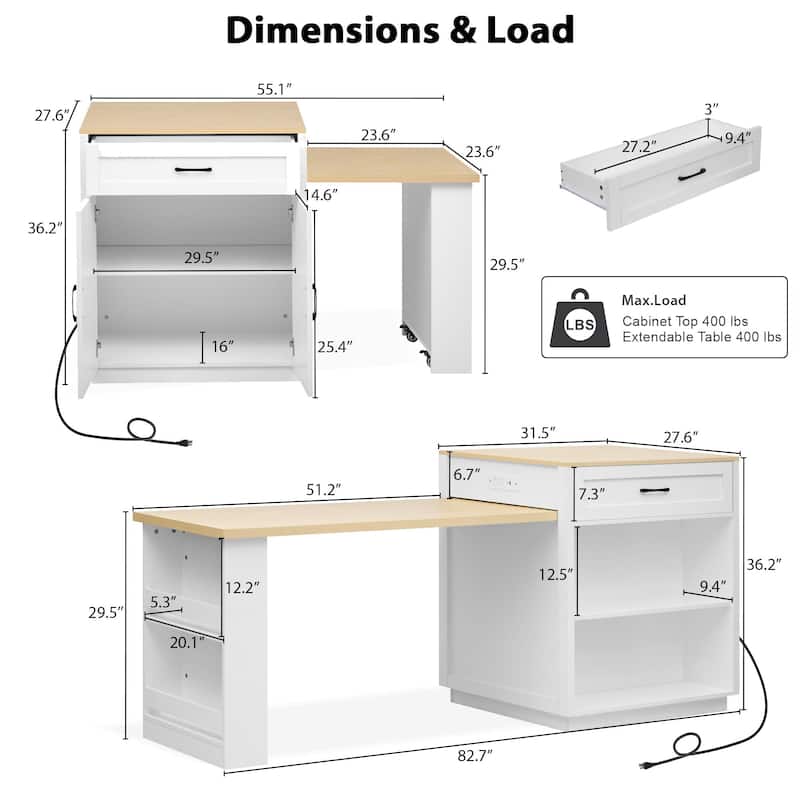Anmytek Expandable Kitchen Island and Dining Table with Power Outlets - Convertible Cart to Table for Small Spaces