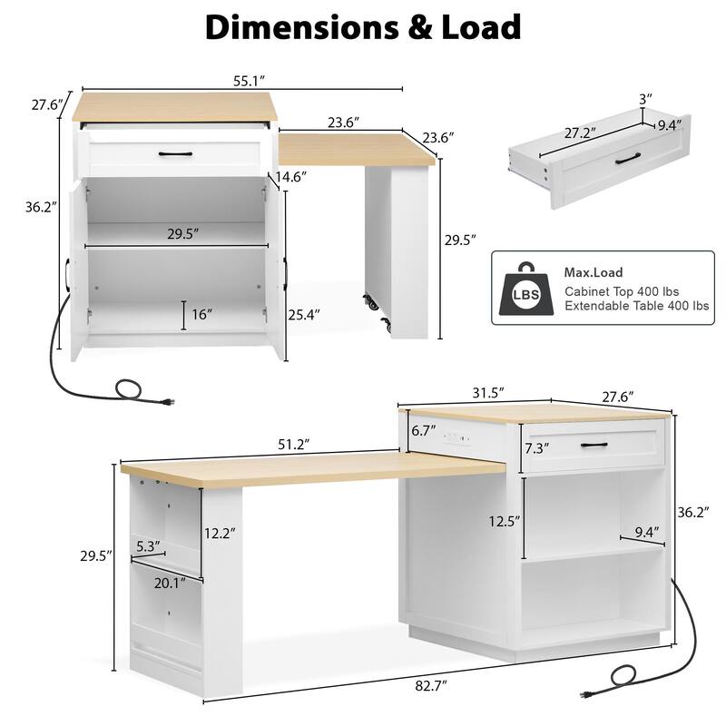 Extendable Kitchen Island with Dining Table for 4-6, Built-in Power Outlet, Storage Shelves & Drawers