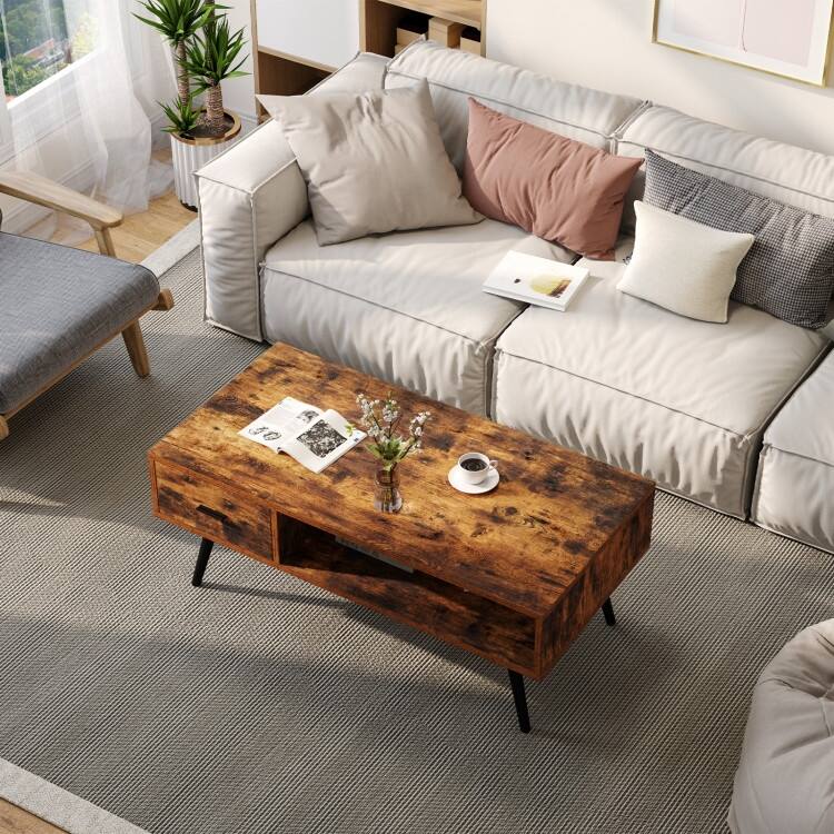 Mid-Century Coffee Table with Drawer and Open Shelf for Storage - 43" x 21.5" x 17.5"