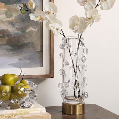 Sphere Ball Cylindrical Glass Vase - 15" - Clear and Brass Finish