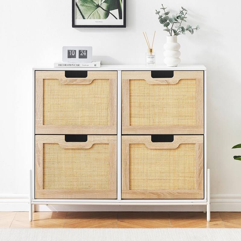 Natural Rattan 4 Flip Door Shoe Cabinet Organizer Freestanding
