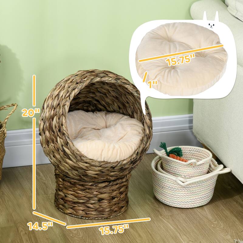 PawHut 20" Natural Braided Banana Leaf Elevated Cat Bed Basket with Cushion, Grey