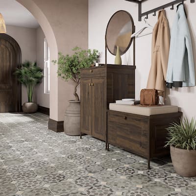 Merola Tile Laverton Octagon Deco Sombra with Taco Arena 7-7/8" x 7-7/8" Porcelain Floor and Wall Tile