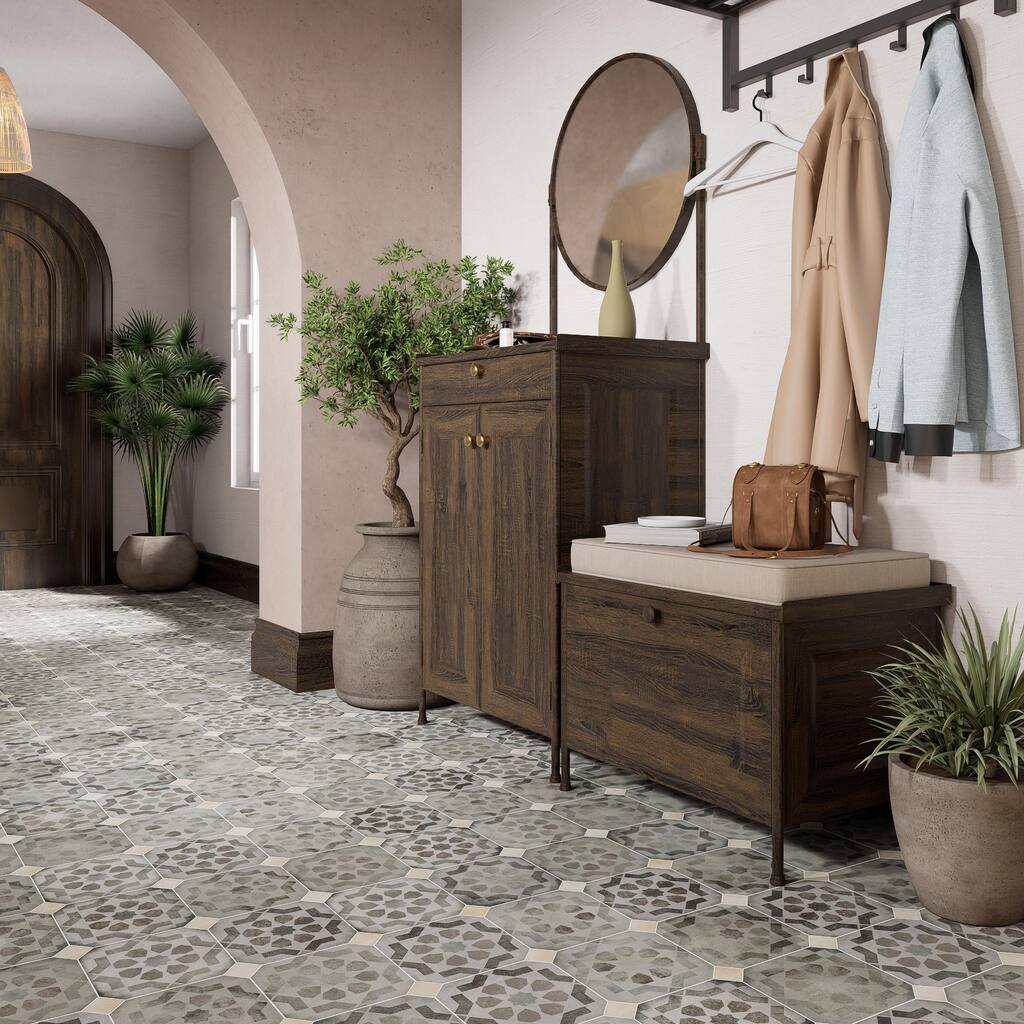 Merola Tile Laverton Octagon Deco Sombra with Taco Arena 7-7/8" x 7-7/8" Porcelain Floor and Wall Tile