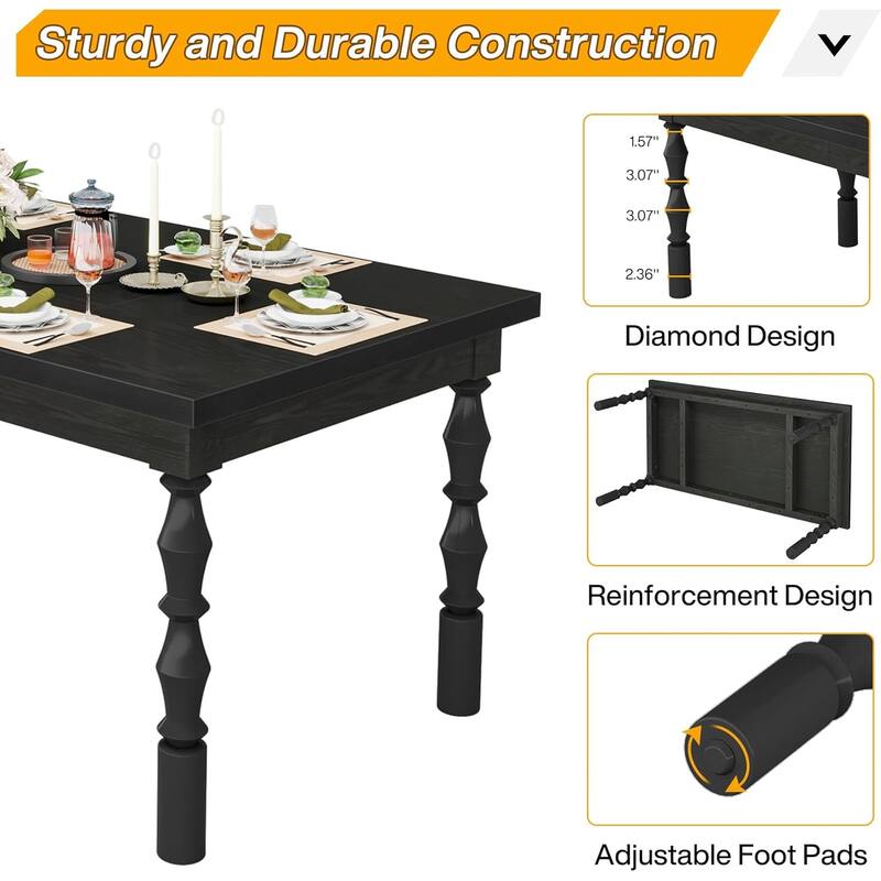Rectangular Farmhouse Dining Table 62 Inch Black Wood MDF Top with Carved Legs Seats 4 to 6 People - 62.20" x 30.71" x 29.53"