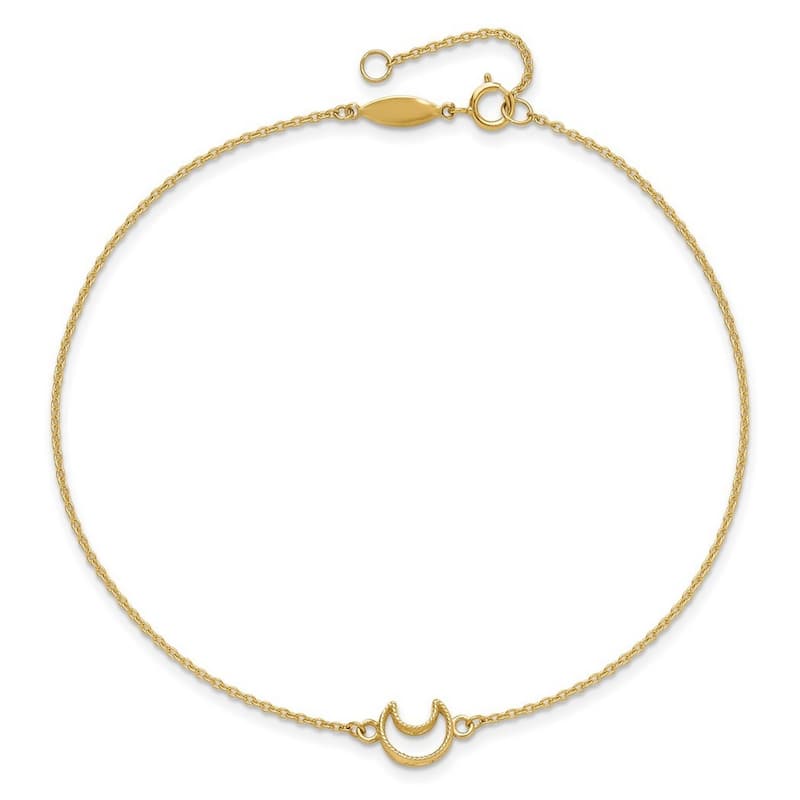 Curata Women's 14k Yellow Gold Textured and Polished Moon Anklet - 10 Inch