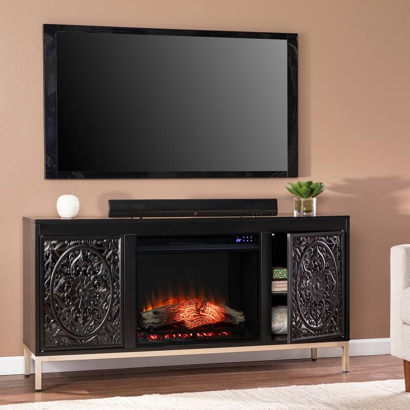 58 in. Freestanding Wood Smart Electric Fireplace TV Stand in Brown with led flame display feature