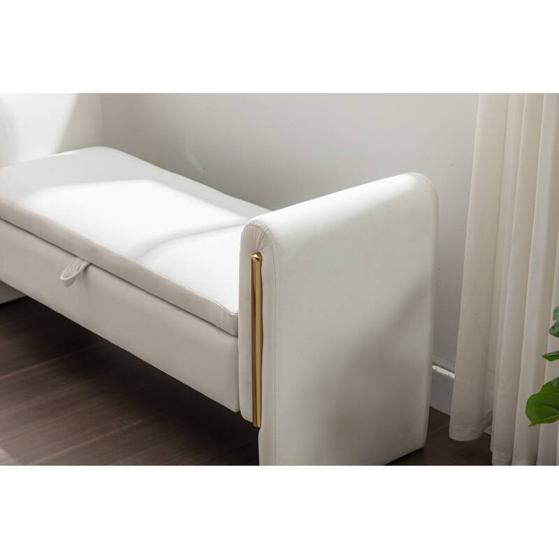 Velvet Fabric Storage Bench Bedroom Bench With Gold Metal Trim Strip For Living Room Bedroom