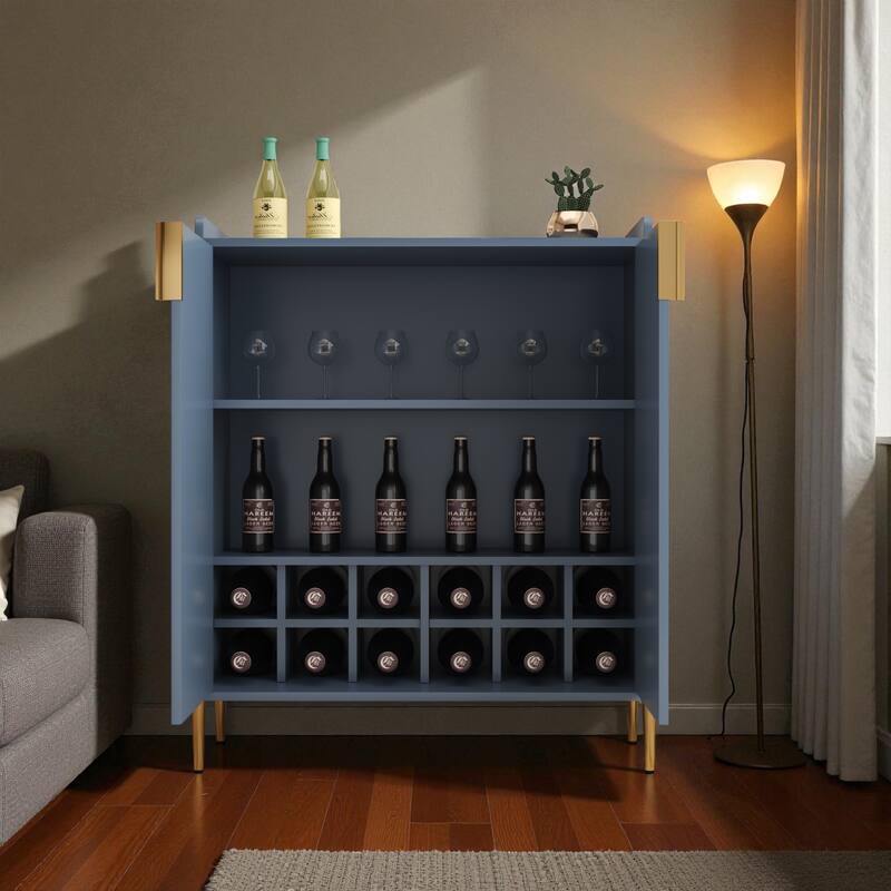 Modern 2-Door Wine Bar Cabinet with Bottle Storage Rack and Adjustable Shelf, Buffet Sideboard for Kitchen or Coffee Bar