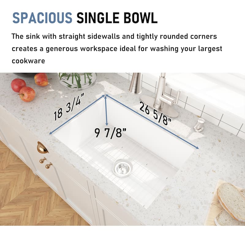 CASAINC Undermount Single Bowl Fireclay Kitchen Sink with Bottom Grid and Strainer, cUPC Certified